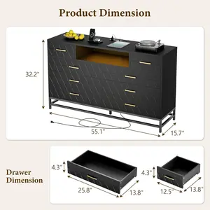 Modern Black Bedroom Dresser with 8 Deep Drawers – Large Dresser for 55” TV Stand with Power Outlet & LED Lights, Stylish Storage Solution – Wood Dresser with Elegant Gold Knobs