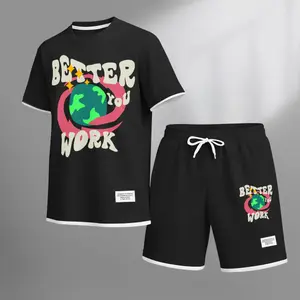 Men’s “Better You Work” Graphic Print Short Sleeve Shirt and Drawstring Shorts Set, Casual Summer Two-Piece Outfit, Lightweight Breathable Relaxed Fit Athletic Sportswear for Daily Wear, Gym, Beach, Vacation, Travel and Loungewear