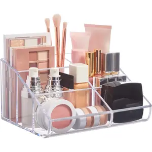 Clear Plastic Vanity Makeup Organizer | 6-Compartment Holder for Brushes, Eyeshadow Palettes, & Beauty Supplies | Curved Front Design | Made in USA
