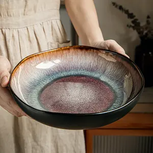 [Vintage Ceramic Salad Bowl] Vintage Ceramic Salad Bowl - 9-Inch Unique Irregular Deep Design with Brown-to-Blue Gradient Glaze, Artistic Tableware for Home Dining & Serving, Earthy Tone Kitchen & Dining Essentials, Salad Serving Bowls