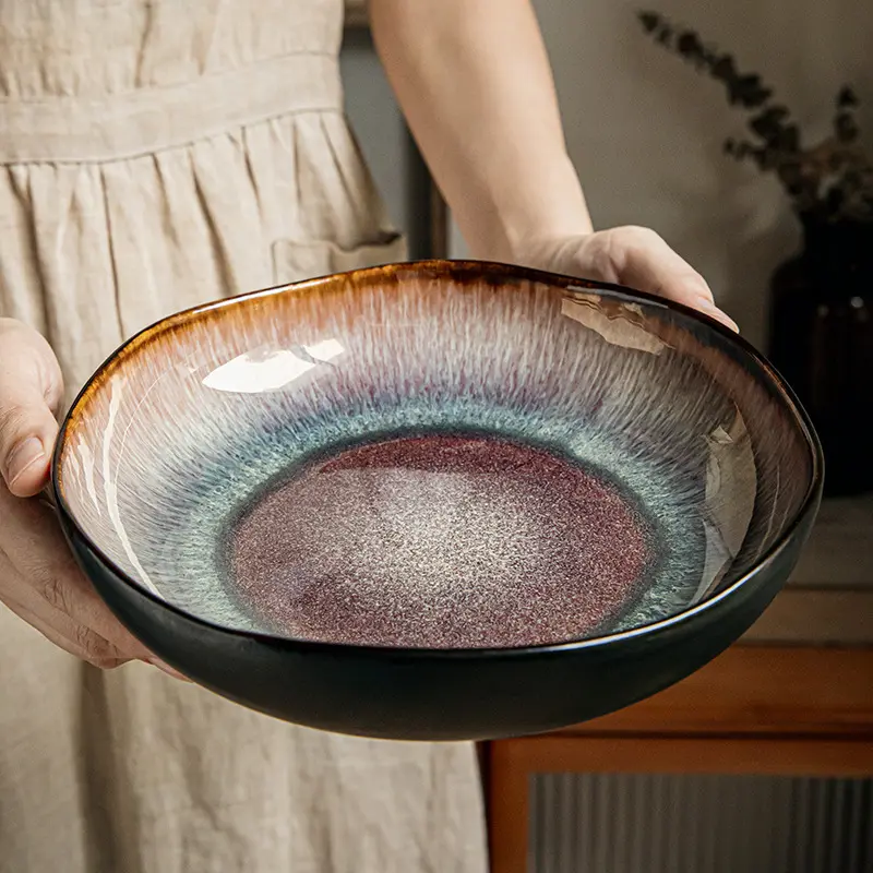 [Vintage Ceramic Salad Bowl] Vintage Ceramic Salad Bowl - 9-Inch Unique Irregular Deep Design with Brown-to-Blue Gradient Glaze, Artistic Tableware for Home Dining & Serving, Earthy Tone Kitchen & Dining Essentials, Salad Serving Bowls