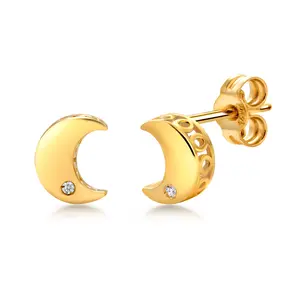14K Solid Yellow Gold Diamond Moon Studs, Diamond Studs, Moon Studs, Dainty Moon Studs, Tiny Moon Studs, Solid Gold Studs