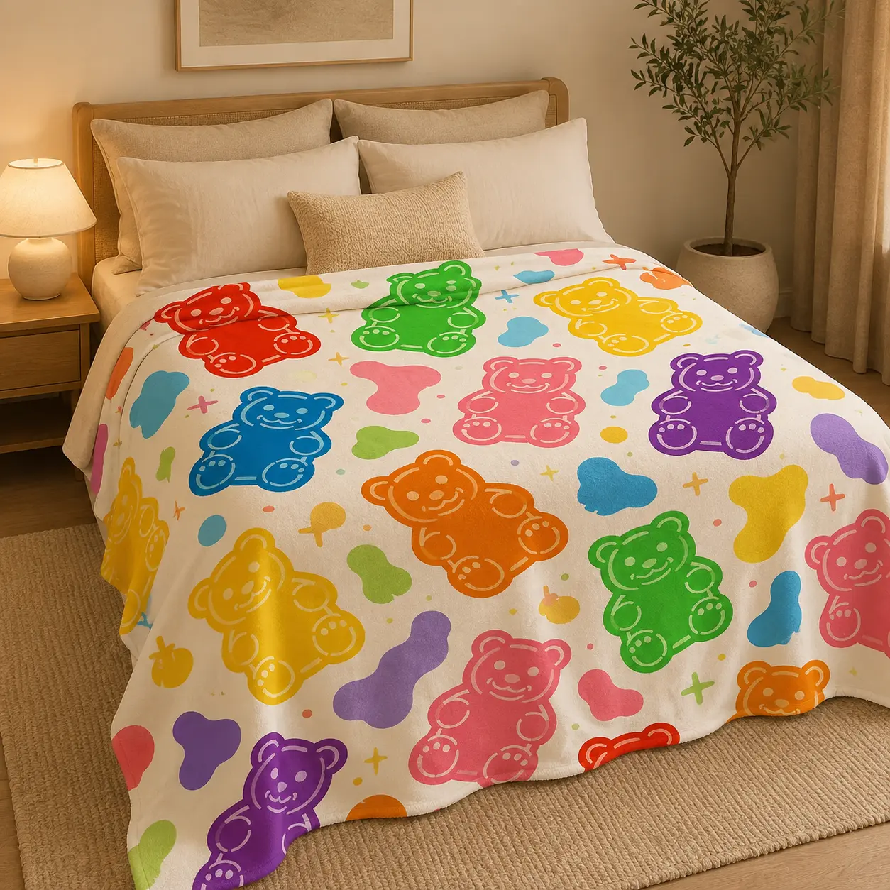 Colorful Gummy Bear Flannel Throw Blanket, Cute Rainbow Candy Bear Pattern Soft Lightweight Fleece Blanket for Kids & Adults, Cozy Throw for Bed Couch Chair, Fun Birthday Gift for Girls Boys Family