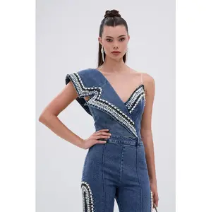 LUXURIOUS DENIM ASYMMETRICAL PEARL BODYSUIT