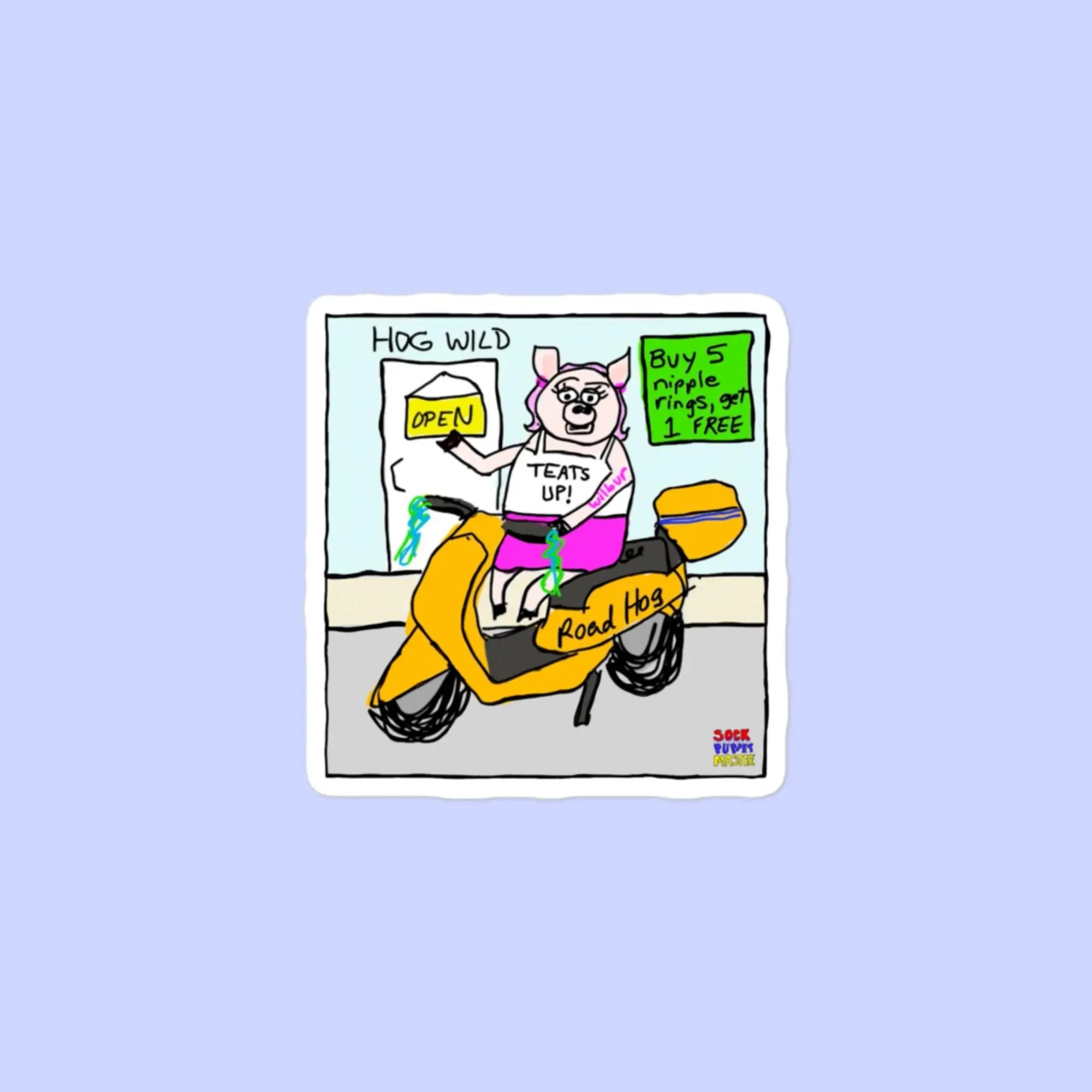Sock Puppet Master "Teats Up!" Moped Pig Bubble-free Sticker