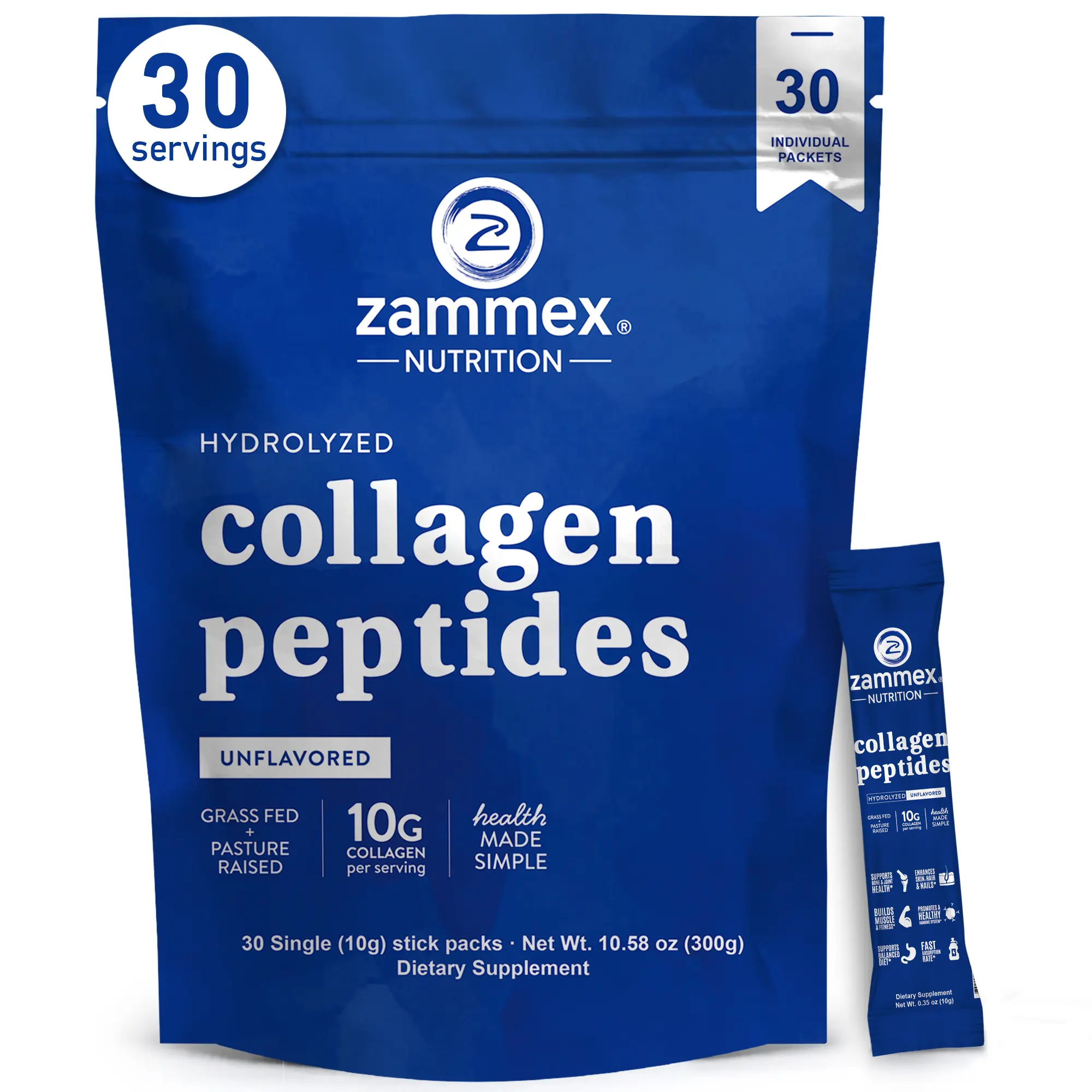 Zammex Hydrolyzed Collagen Peptides Powder Travel Packets 30 Sticks, Beauty Women Collagen Supplement, Support Skin,Hair,Nail, Unflavoured