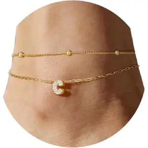 FindChic Initial Anklet for Women, Silver/Gold Plated Layered Beaded Ankle Bracelet with Cubic Zirconia Initial Charm, Adjustable Waterproof Non-Tarnish Foot Jewelry for Summer Beach