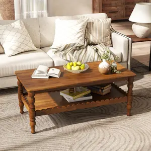 ARCH Rectangle Coffee Table Solid Wood Coffee Table with Storage Shelf,Farmhouse 2-Tier Center Table Lacquered Classical Legs,Easy Assembly Apartment Center Sofa Table  for Living Room