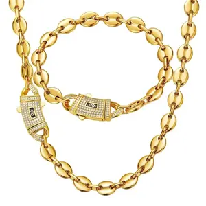 Premium S Mark Curved CZ Clasp Coffee Bean Link Necklace | Gold Plated | Multiple Sizes | Unisex Trendy Jewelry