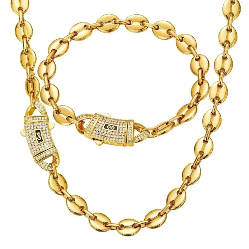 Premium S Mark Curved CZ Clasp Coffee Bean Link Necklace | Gold Plated | Multiple Sizes | Unisex Trendy Jewelry
