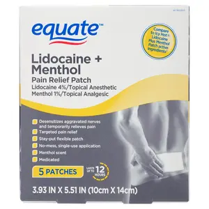 Equate Lidocaine + Menthol Pain Relief Patch 4% Lidocaine 1% Menthol, 5 Count, Compare To Icy Hot Lidocaine Plus Menthol Patch Active Ingredients