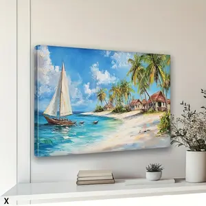 2D Flat, Framed, Large Beach Scenery Wall Art for Living Room, Extra Large Coastal Ocean Canvas Wall Decoration, Boat-Shaped Modern Print, Suitable for Bedroom and Office