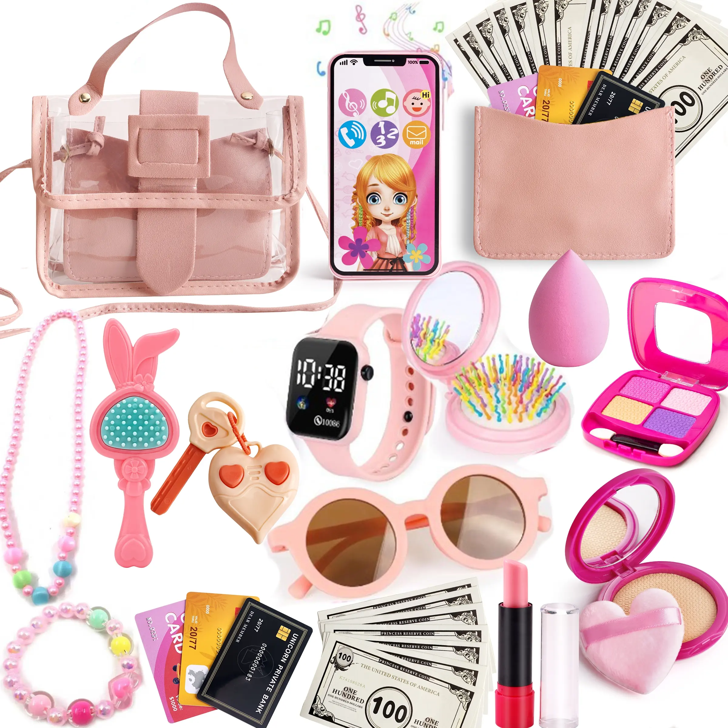 Princess Style Kids Role Play Toy Set, Kids Vanity, Girls Heart Color Matching Simulation Accessories, Includes Handbag Phone Wallet Watch Keys Card Makeup Props, Pretend Play Set