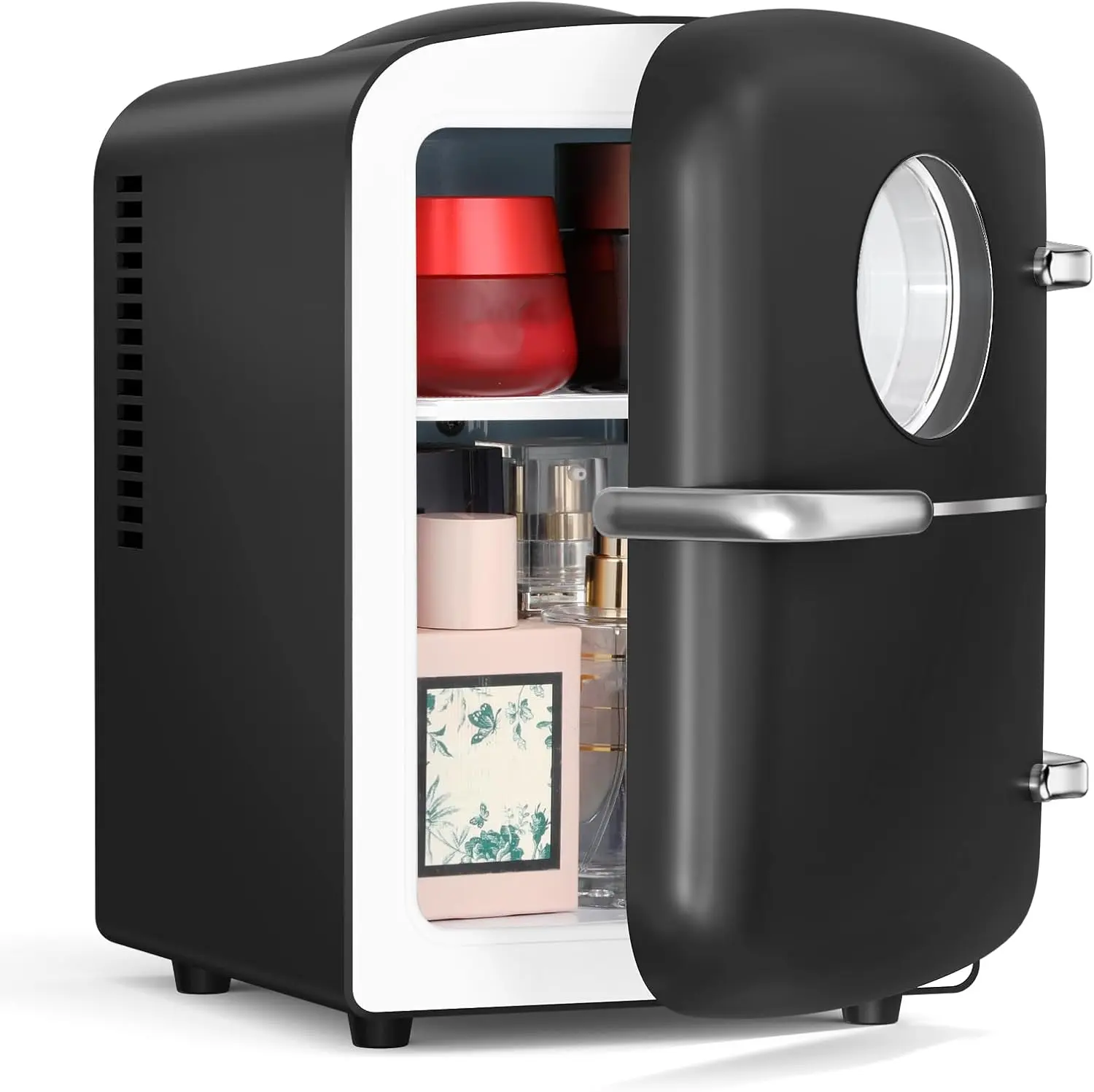 XBEAUTY 4L Multifunctional Refrigerator - 12V Compact Dual-Zone Portable Mini Fridge (Holds 6 Cans), Cooler-Warmer (32℉ Below Cooling), Round View Window, Removable Shelf for Skincare, Beverages, Ideal for Dorm, Bedroom (Black)