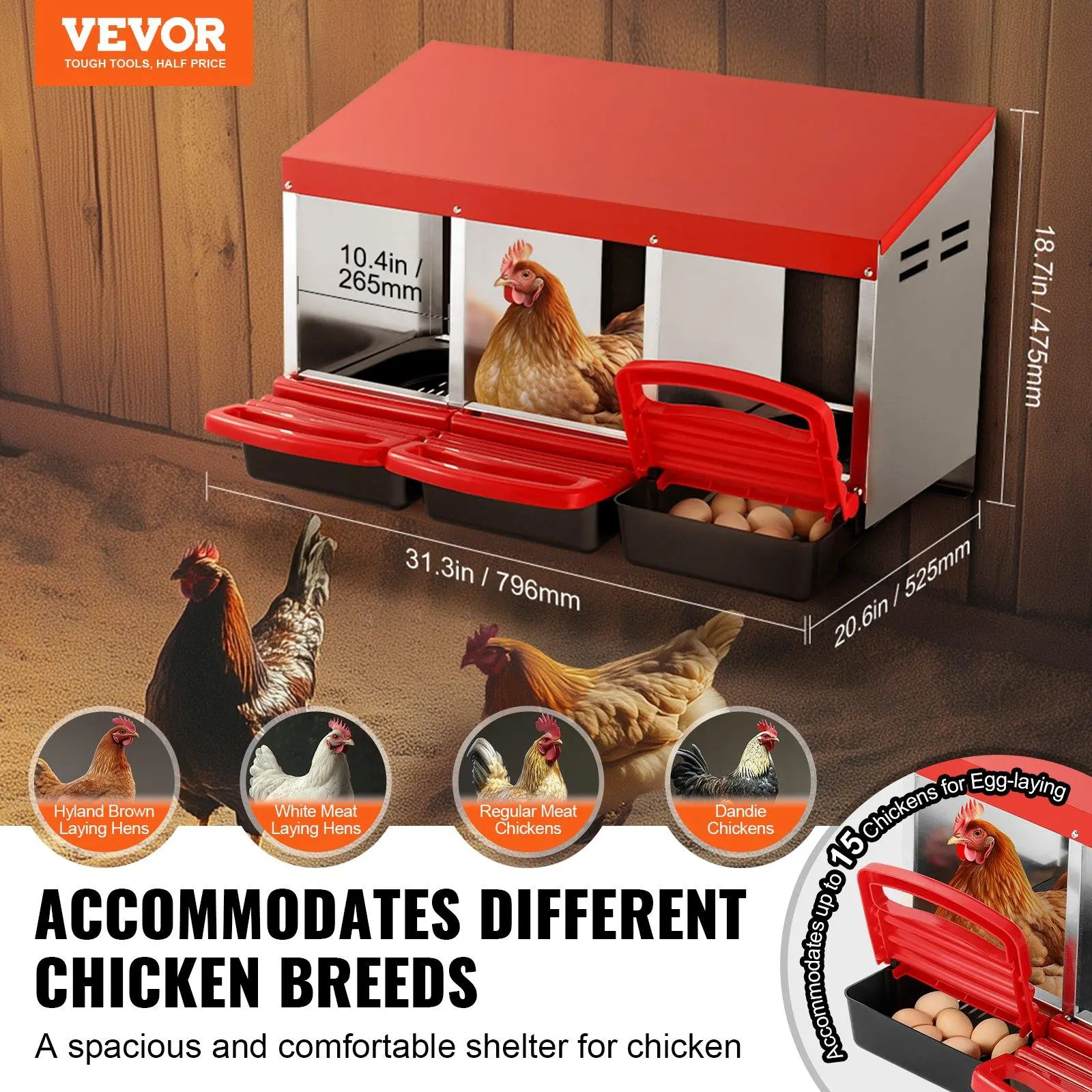 Spring new arrivals 3-Compartment Chicken Nest Box Mental Box with Inclined Nesting Boxes