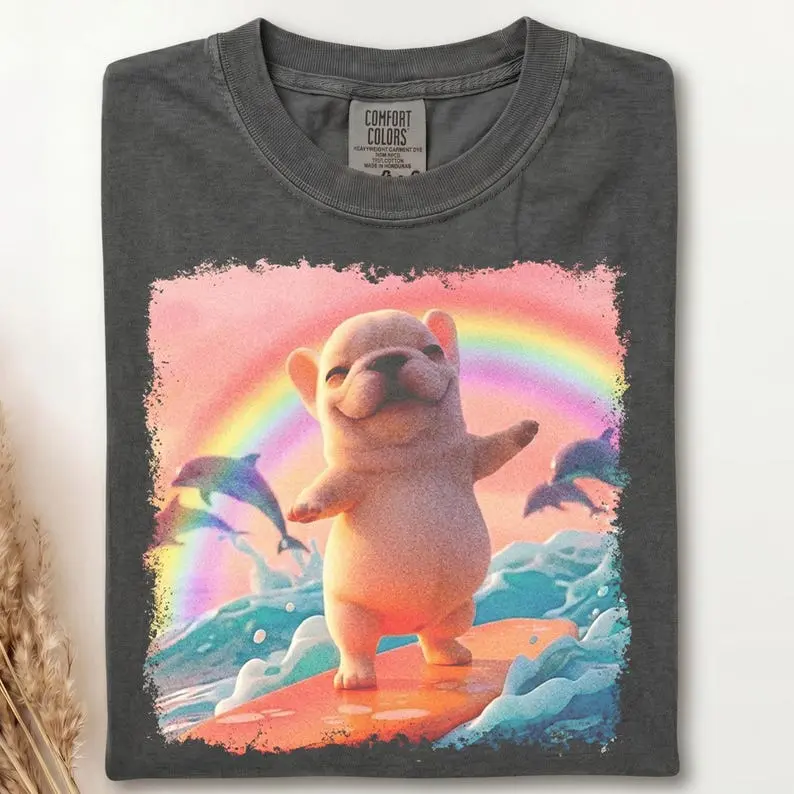 Comfort Colors® Cute Surfing Pibble Art T Shirt, Pibble Lover Summer Gift, Baby French Bulldog, Gen Z Meme, Silly Cute Shirt, Cute Chonky Pitbull Meme Tee