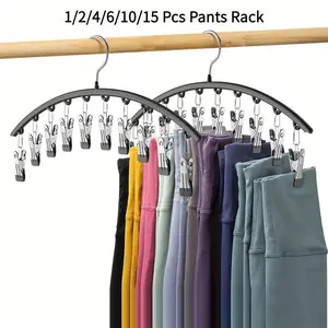 Curved Shape Hanger, 1/2/4/6/10/15pcs Metal Yoga Pants Hanger, Home Organizer for Closet, Pants Hanger with 10/15 Clothespins, Space Saving Hanging Hanger, Multifunctional Clothes Hanger, Pant Hangers