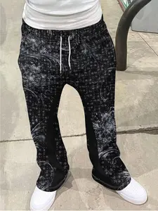 Men's Dark Color Floral Decorative Bell Bottom Flare Pants, Gothic Streetwear Long Pants, Casual Fitted Geometric Pattern, All Seasons