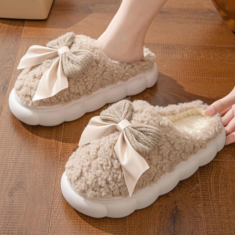 Women’s Bow Slipper Shoes – Warm Indoor House Slippers with Non-Slip Thick Sole, Cozy Soft Plush Lining, Winter Home Shoes for Bedroom, Office, & Living Room Comfort