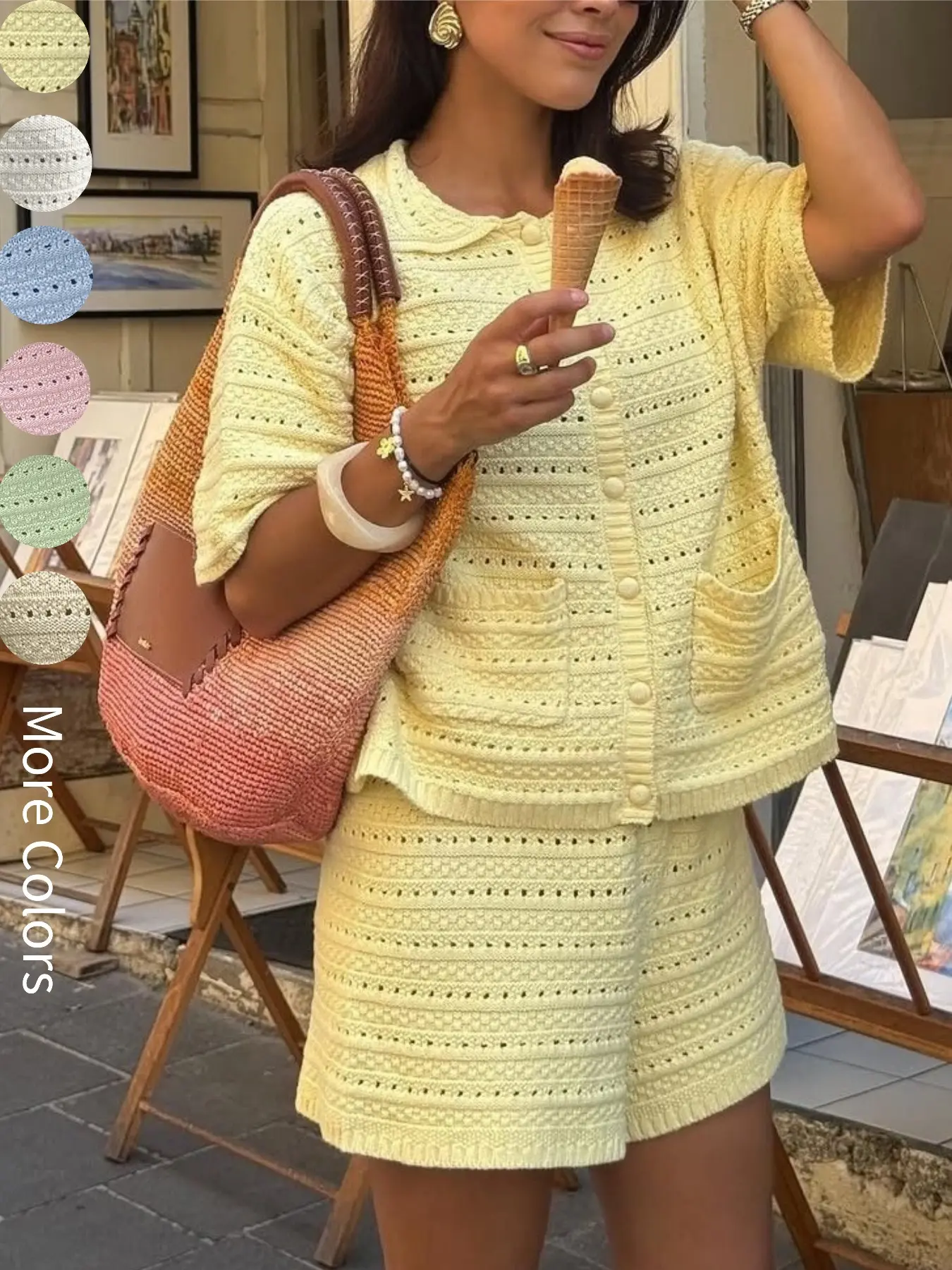 Women's 2 Piece Aesthetic Short Sleeve Solid Color Button Front Knitted Cardigan and Elastic Waist Shorts Set for Spring & Summer, Casual Loose Fit Beach Outfit Clothes Womenswear Lady