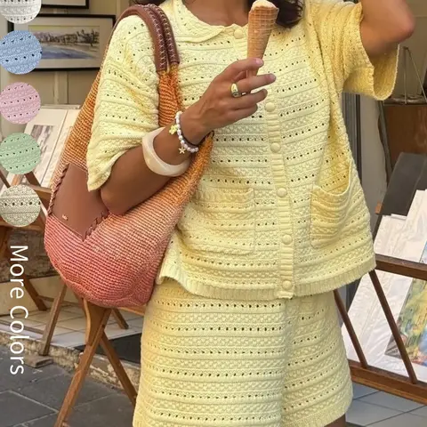 Women's 2 Piece Aesthetic Short Sleeve Solid Color Button Front Knitted Cardigan and Elastic Waist Shorts Set for Spring & Summer, Casual Loose Fit Beach Outfit Womenswear Lady Matching Set Outfit