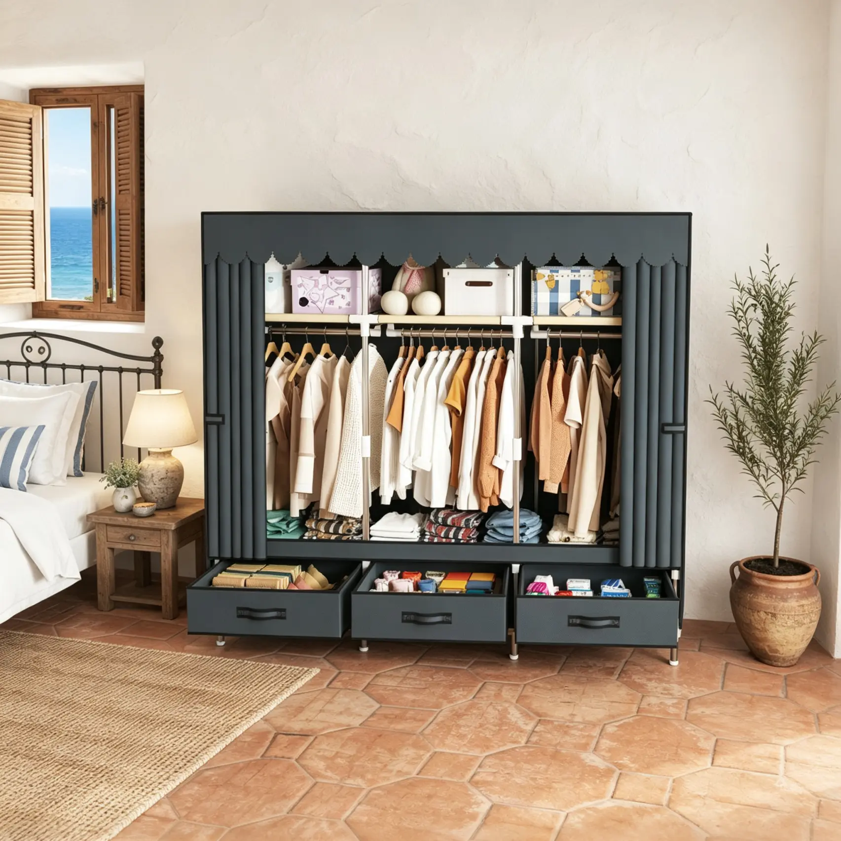 Portable Closet Wardrobe, 64.9-Inch Clothes Organizer with 3 Hanging Rods  3 Shelves, and 3 drawers,  Non-Woven Fabric Cover, Large Capacity  clothing storage Closet Organizer apartment living room furniture dressers for bedroom furniture set