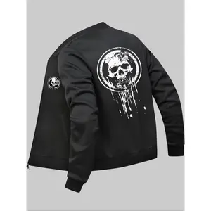 Men's Skull Print Zip Up Pocket Jacket, Regular Fit Casual Long Sleeve Baseball Collar Outerwear for Daily Wear, Fashion Men's Clothes for All Seasons, Casual Trendy Coat