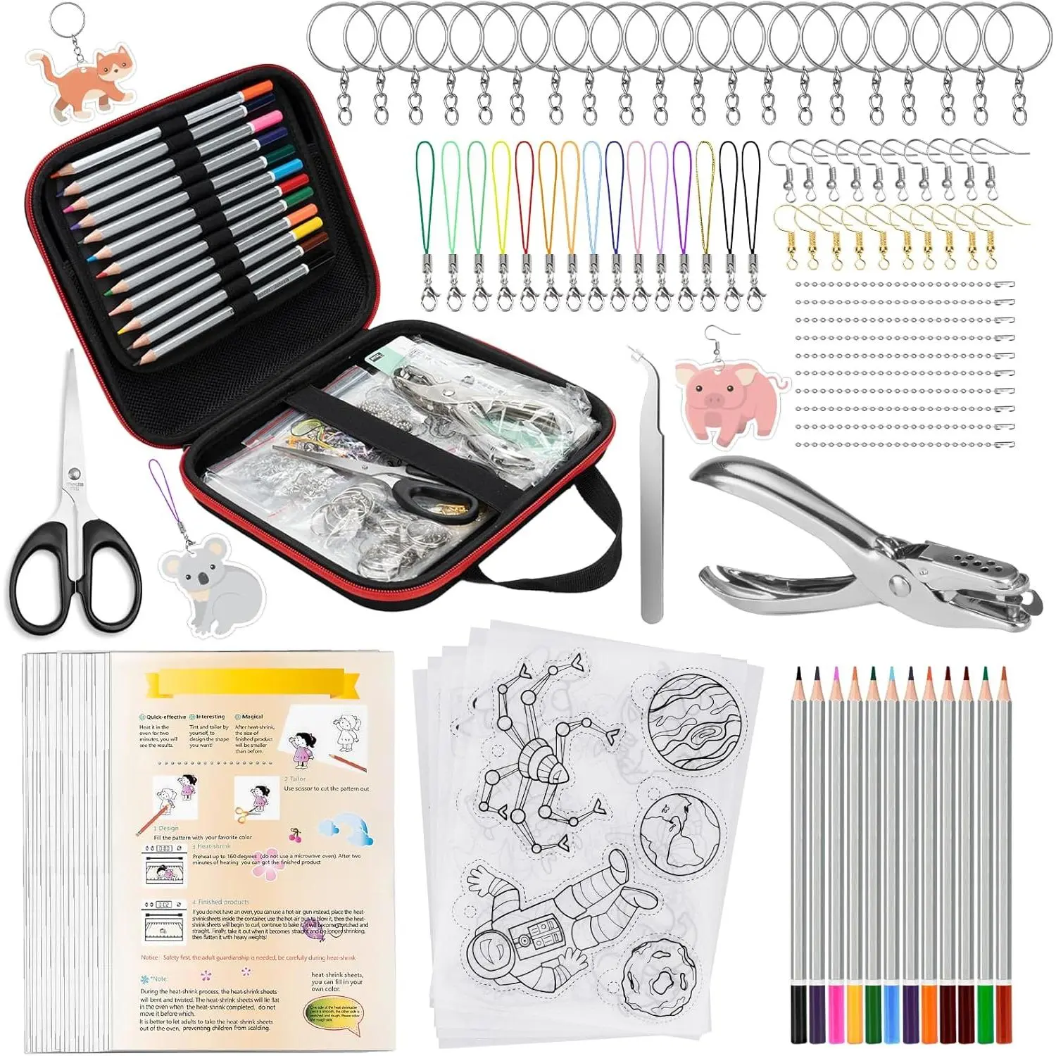 206 count Shrinky Dink Sheets Kit with Case, Shrink Art Shrink Plastic Sheet Shrinky Dink Keychain Kit with 25 count Shrinky Paper Sheets Keychains Accessories for DIY Ornaments Craft Rings Keychains
