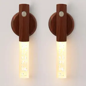 Battery Operated Wall Sconce Set of 2 Pack Rechargeable Motion Sensor Night Lights Brown Wood Grain Warm White LED Bubble Column Wireless Portable for Bathroom Kitchen Stair Cabinet