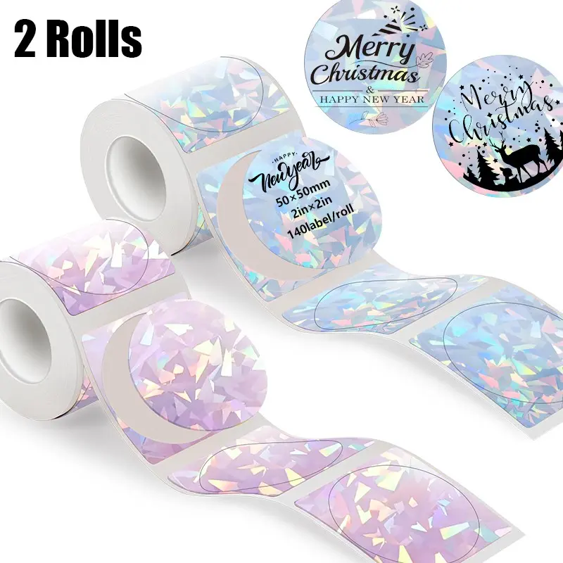 2 Rolls 50x50 Round Thermal Printing Labels, Circle Sticker Label, Diamond Holographic Laser Paper, DIY Logo Design Stickers, High Adhesive Stickers, Customizable Stickers, Waterproof, Strong Adhesive, Durable