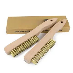 Brass Brush, Heavy Duty Brass Wire Brush Set 2 count, Metal Brush, Wire Brushes for Cleaning Rust with 10" Curved Beechwood Handle