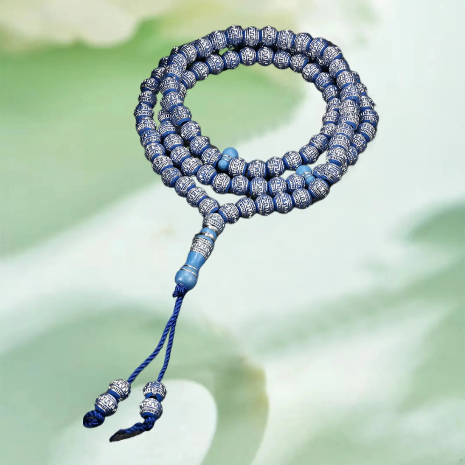 Unisex 99-Bead Ethnic Blue Corrugated Acrylic Hand-Knotted Prayer Beads Bracelet with Stainless Steel, Bangle-Style Tasbih for Ramadan & Daily Wear, Tasbih Bracelet