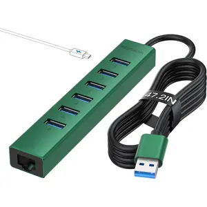 7 Ports USB 3.0 Hub, USB to Network HUB with 3.9ft Long Cable for Laptop, USB Splitter with Gigabit Ethernet Port and 5V/3A Power Port, MultiPort Aluminum Hub for iMac, PC, Flash Drives (Green)