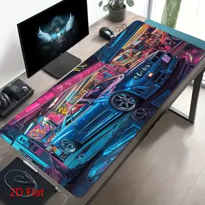 High Quality 1Pc Large Esports Gaming Mouse Pad Compatible For PC/Laptop - Cyber Neon Blue Sports Car Racing Desk Mat, Non-Slip Washable Rubber Base & Thick Oval Computer Desk Accessory For Office, Gaming Setup, Programmers (), 2D Flat