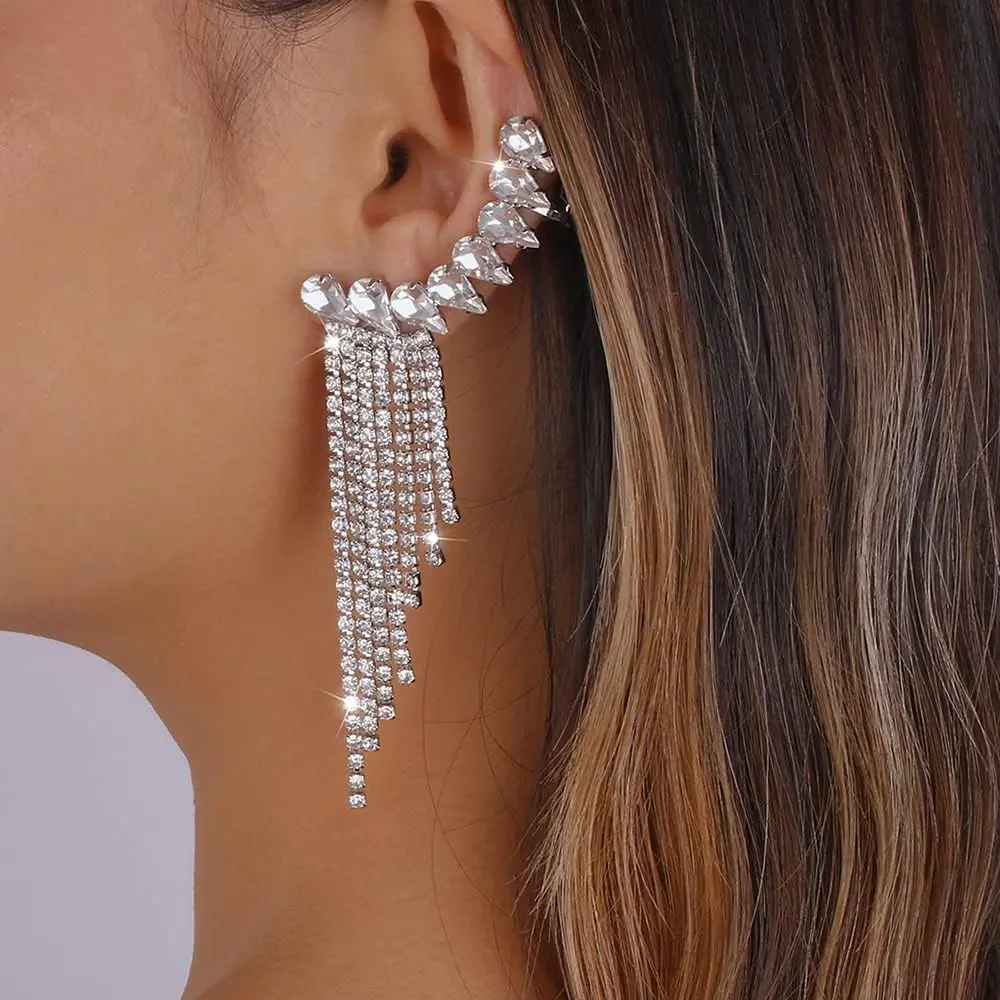 Boho Glitter Geometry Rhinestone Earrings Long Tassel Dangle Earring Clip Bling Crystal Drop Earrings for Women and Girls(Silver)