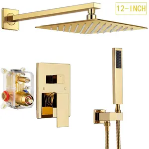 Gold Shower System 12 Inch Bathroom Luxury Rain Mixer Shower Combo Set Wall Mounted Rainfall Shower Head and Handheld System Shower Faucet Set Rough-in Valve Body and Trim Kit