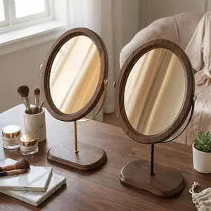 Solid Wood Rotating Vanity Mirror Vintage Desktop Makeup Mirror for Chinese Style Bedroom Round Mirror