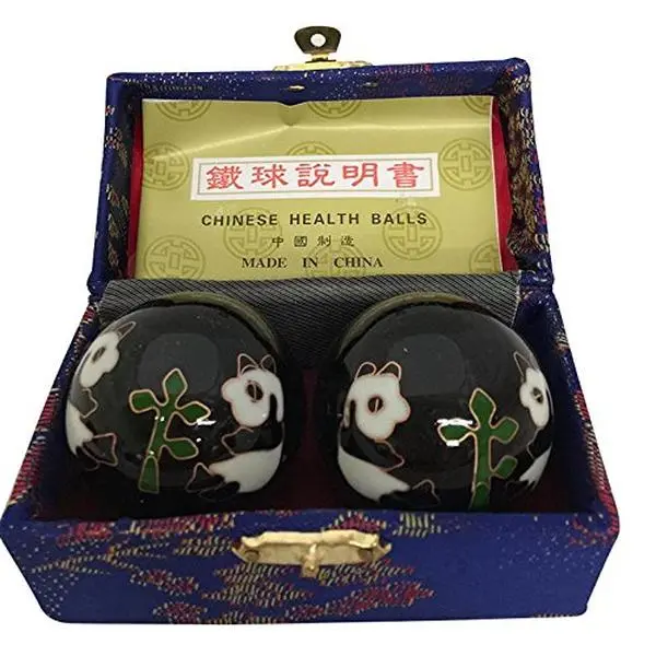 Chinese Baoding Balls for Stress Relief, 1.75 Inch Cloisonne Panda Hand Therapy Tools - Set of 2 Hollow Metal Chiming Massagers for Adults in Embroidered Box, Body Care, Hand Exercise, 1.75In Diameter