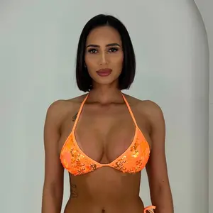 Beachella Orange Sequin Triangle Top Adjustable Tie Straps Versatile Summer Wear Bikini Top Without Padding
