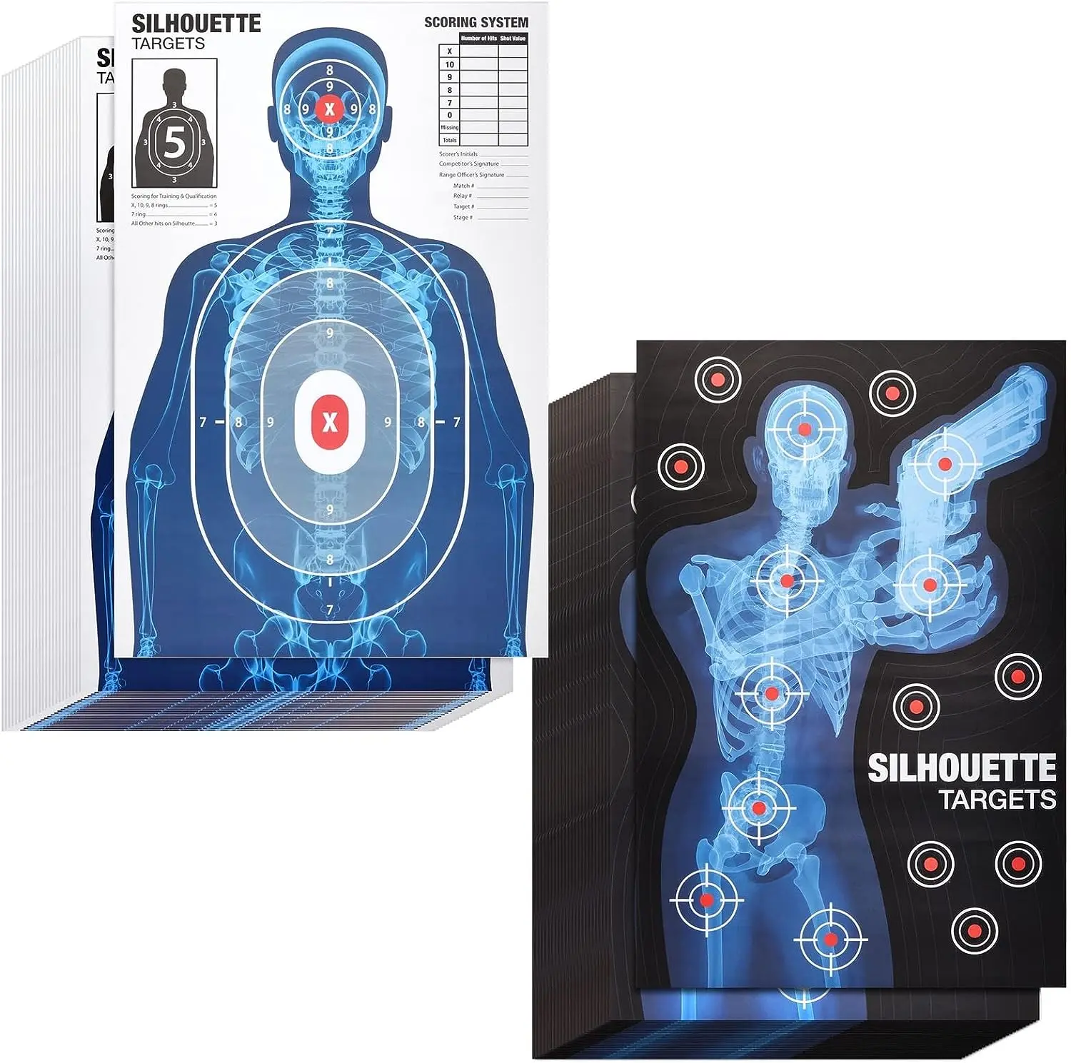 Human Silhouette Large Paper Shooting Range Targets - X-Ray Skeleton Designs, Red-Marked Targeting Points, Score Counter, Highly Visible Pop Dart