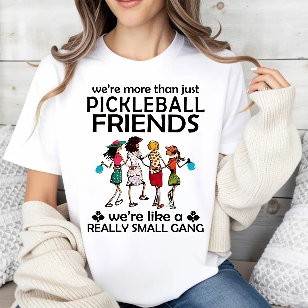 Women's Oversized Cotton Casual T-Shirt - Essential Breathable Fabric, Pickleball Friends Graphic, Ideal for Summer Outdoor Activities, Perfect Gift for Pickleball Lovers, Round Neck, Tee, Streetwear, Top, Tshirt, Gym, Graphic Print, Short Sleeve