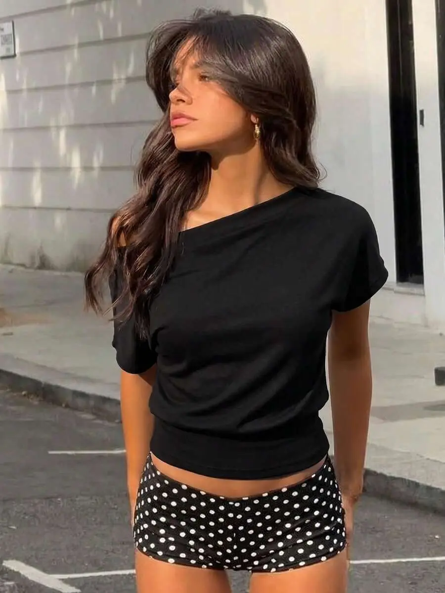 Women's Summer Casual Asymmetric Shoulder Short Sleeve Batwing Sleeve Top, Tight Waist Knit Apricot Color Versatile T-Shirt, Summer Top