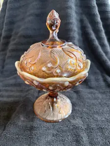 Fenton Lily of the Valley Candy Dish — Amber Cameo Opalescent, Footed, American Art Glass