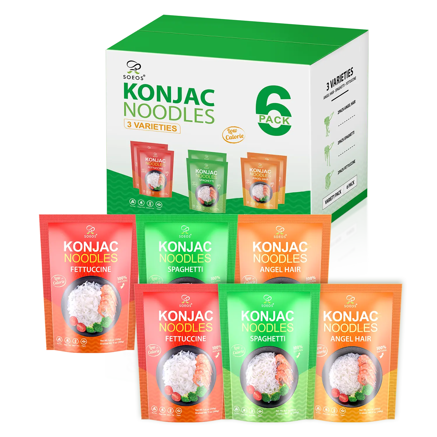 Soeos Konjac Noodles, Shirataki Noodle, Low Calorie, Keto and Paleo Friendly, 3 Variety Noodles, Fettuccine, Angel Hair, Spaghetti, 8.8 oz (250 g)*6 Pansit Flavor