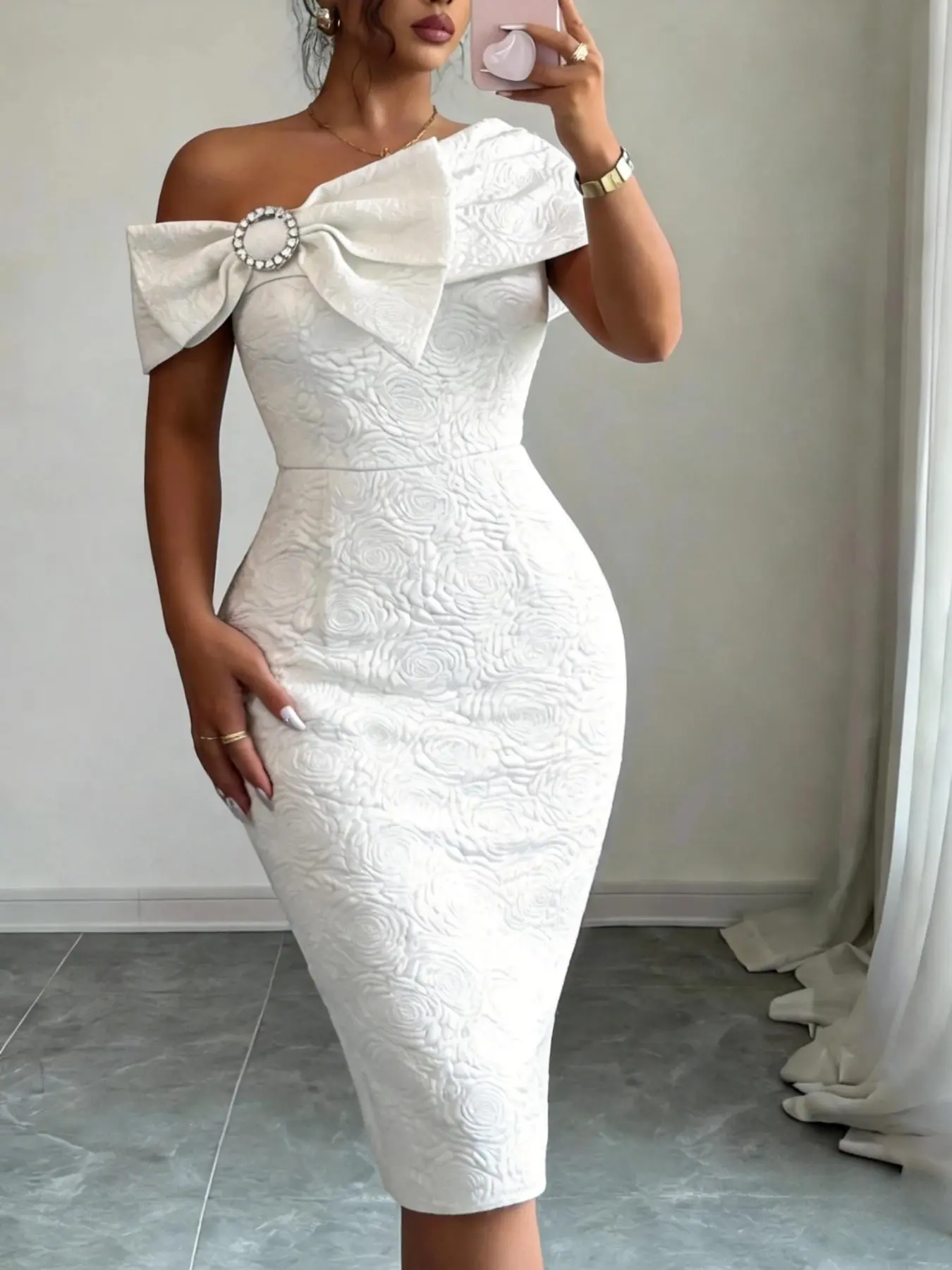 Elegant Chic Women's Jacquard Bodycon Fit Dress, One-Shoulder Bow High Waist, Knee-Length, Formal Wear, Perfect for Wedding Guests and Evening Parties