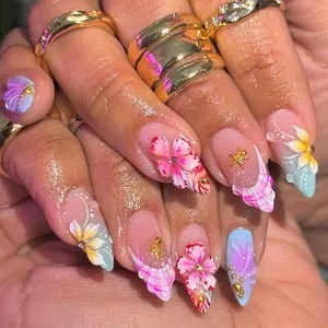 24 Piece Press-On Nails Set, Almond Shape, Nude Gradient, Floral, Flower Nails, Shell, Starfish Design, Summer, Daily Wear, Includes Glue & File