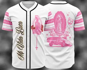 Mi Vida Loca Virgin Mary Pink Design Baseball Jersey, Unisex, Street Wear, Graphic Tees, Virgin Mary