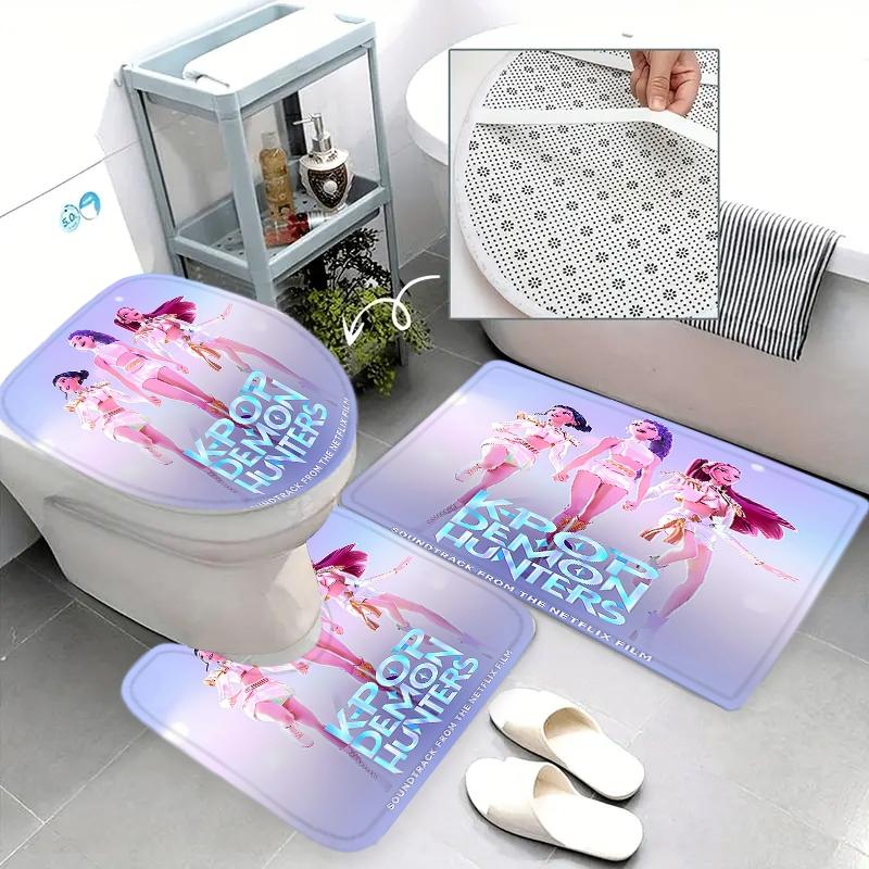 Creative K-Pop Demon Hunters Shower Curtain Set, Bathroom Accessories Kit with Mat, Toilet Lid Cover, Hooks, Two Specifications Available