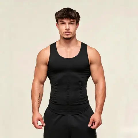 Men's Compression Shaping Vest - Polyester Male Clothing, Black & White Athletic Gym Top for Bodybuilding, Muscle Support, Slimming, Quick Dry