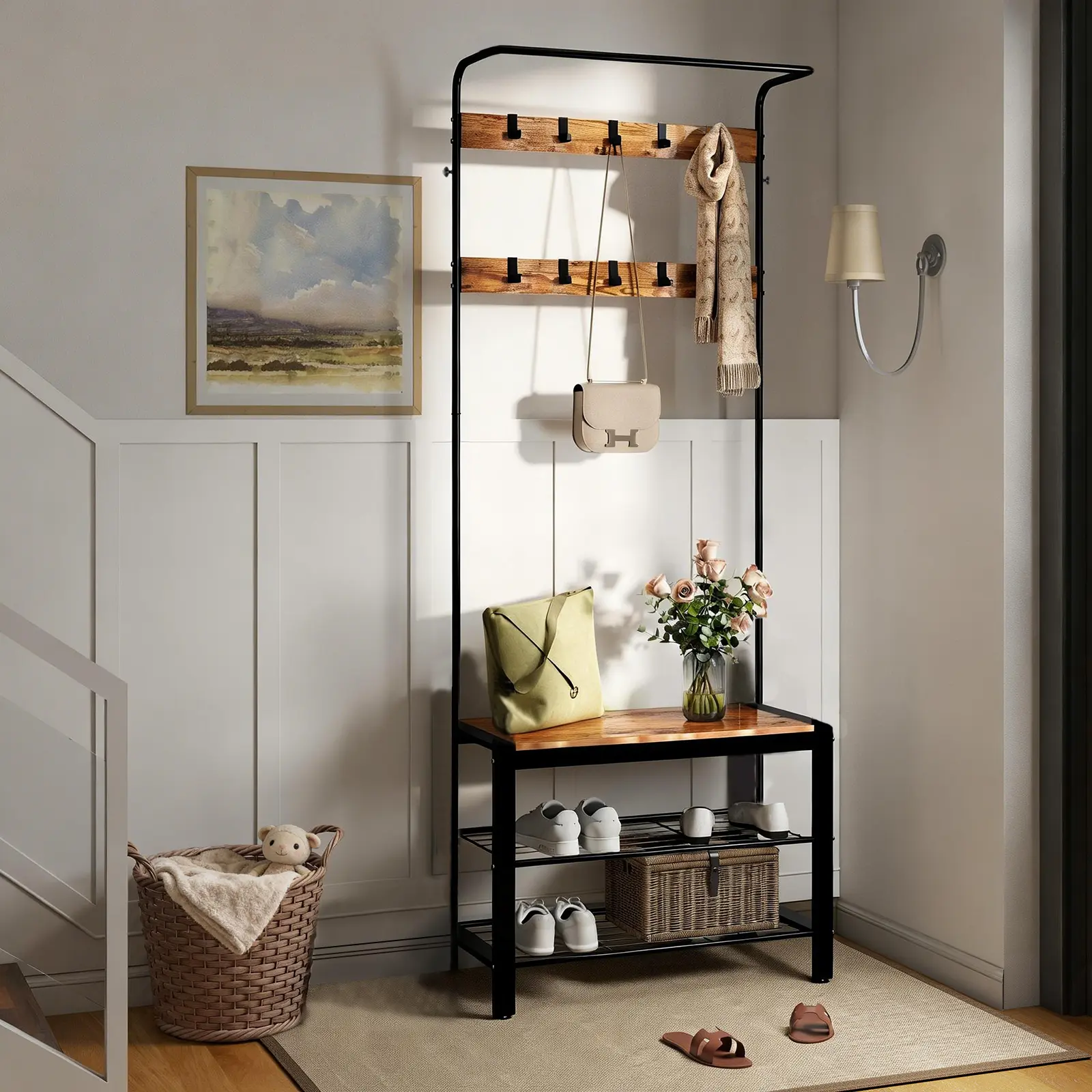 Coat Rack, Hall Tree with Shoe Bench for Entryway, Entryway Bench with Coat Rack, 4-in-1, with 9 Removable Hooks, a Hanging Rod Coat Rack, Hall Tree with Shoe Bench for Entryway, Entryway Bench with Coat Rack, 4-in-1, with 9 Removable Hooks, a Hanging Rod
